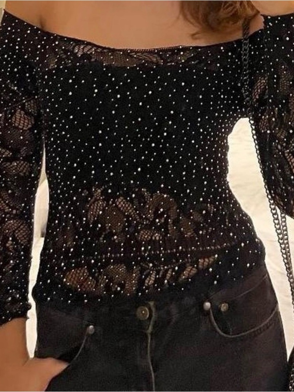 ZARA limitless contour collection Sheer Lace Top with Rhinestones